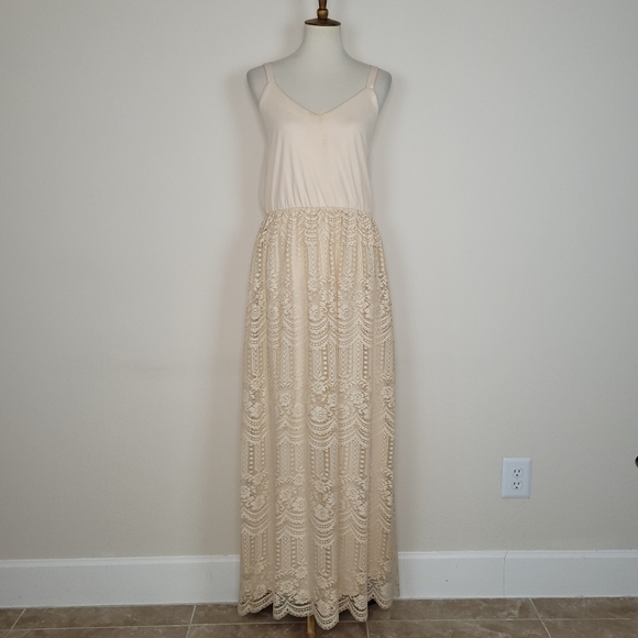 Vintage Tan Polyester Lace Long Maxi Dress w/Sheer Chiffon/Lace Capelet - 12/L - Picture 8 of 14